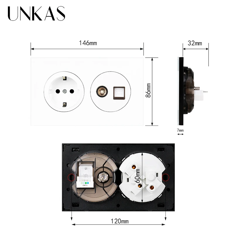 UNKAS 16A настенная розетка стандарта ЕС) + Женский ТВ разъем и RJ11 телефонное гнездо 146