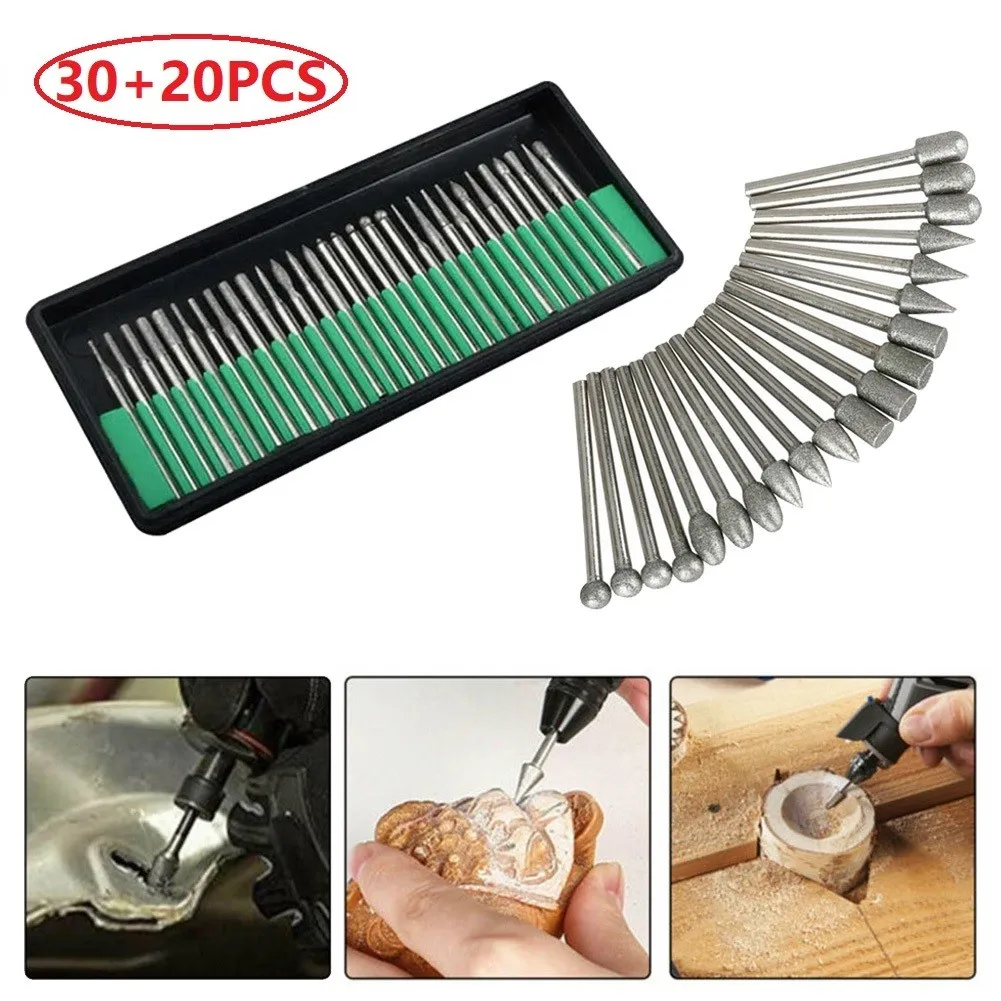 

30Pcs+20pcs Diamond Grinding Burrs 3mm Shank Bur Burrs Diamond Drill Bit Engraving
