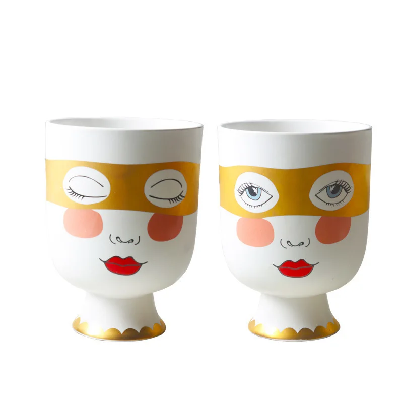 Double-sided vase Горшок для растений в скандинавском стиле, большая ваза для лица, Золотая маска для глаз, банка для лица человека, керамическая головка, вазы для цветочной композиции, декоративный дом - Цвет: Double-sided vase