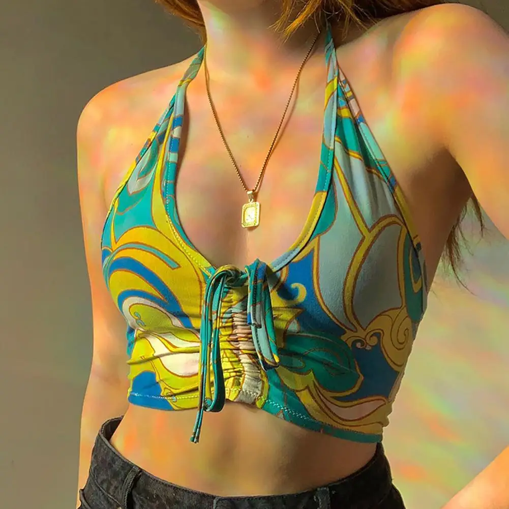 

80%HOTHalter Shirring Crop Top Tight Backless Print Lace Up Women Top Club Wear