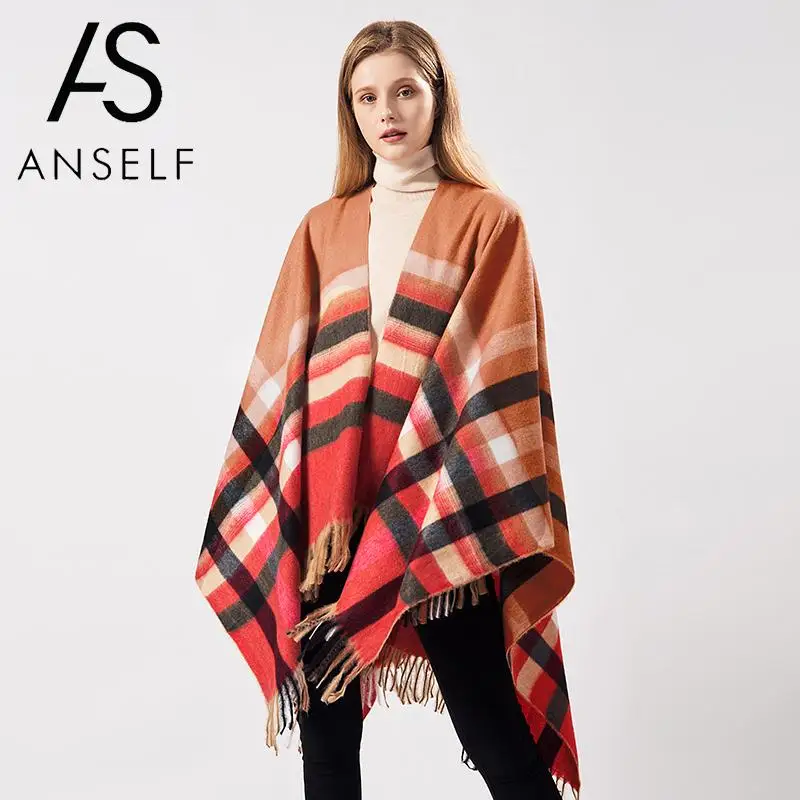 Женский кардиган-пончо ANSELF свитер клетчатые кашемировые накидки с принтом шаль