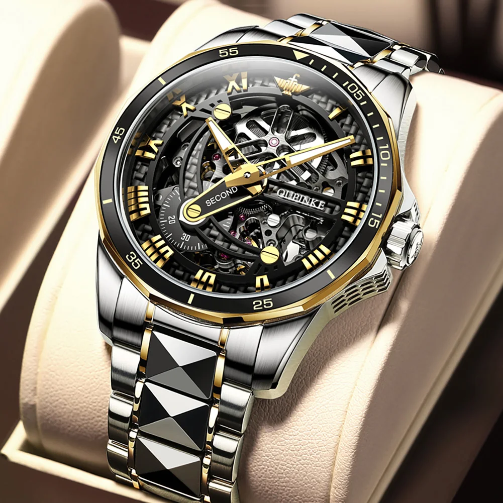 OUPINKE Luxury Skeleton Mechanical Wrist Automatic Watch Men Sapphire Glass Watch Tungsten Steel Waterproof Business Sport Watch