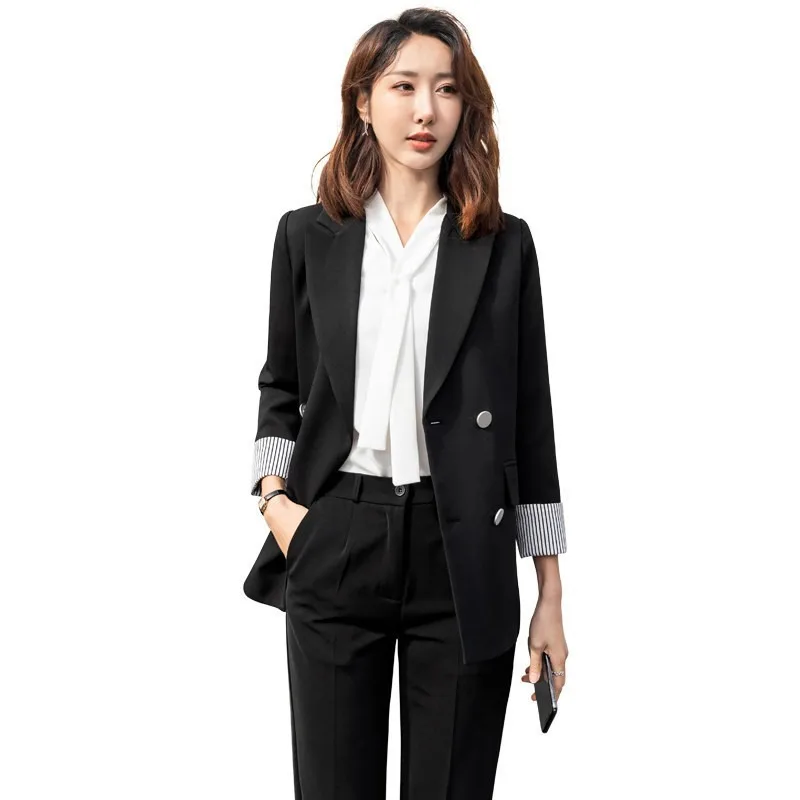 

GOOHOJIO 2020 New Double Breasted Black Blazer Female Long Sleeve Office Ladies Blazer Autumn Jacket Women Outerwear Suit Coats