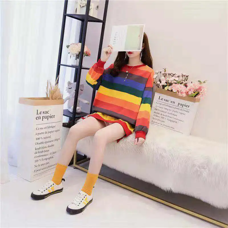 Женские толстовки в радужную полоску повседневные длинные оверсайз с круглым