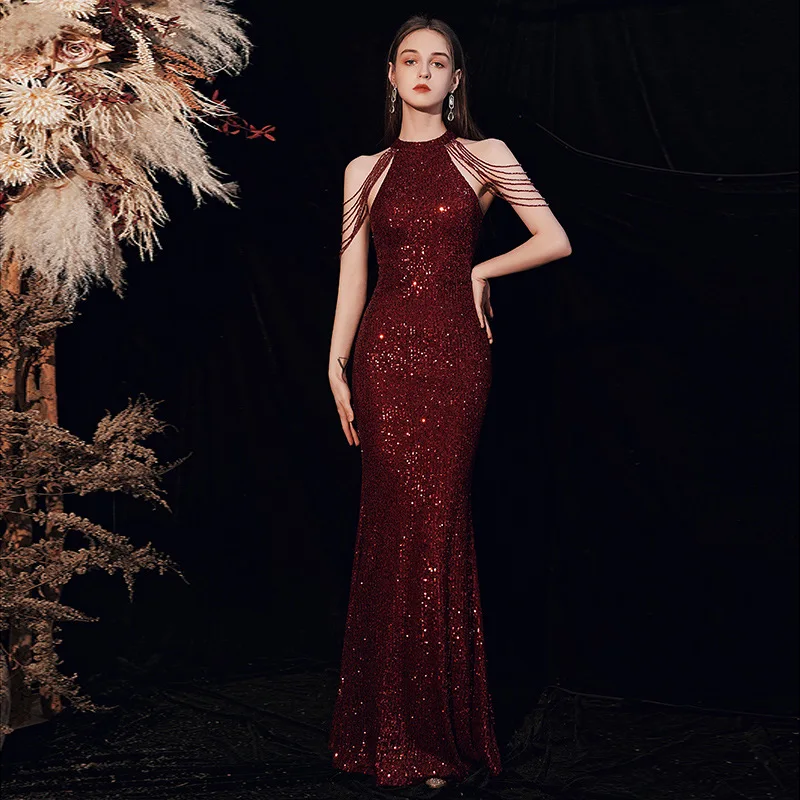 

2021 Elegant Women Sleeveless Sequins Beading Turmpet Long Dress O-Neck High Waist Women Sexy Party Dress Vestidos