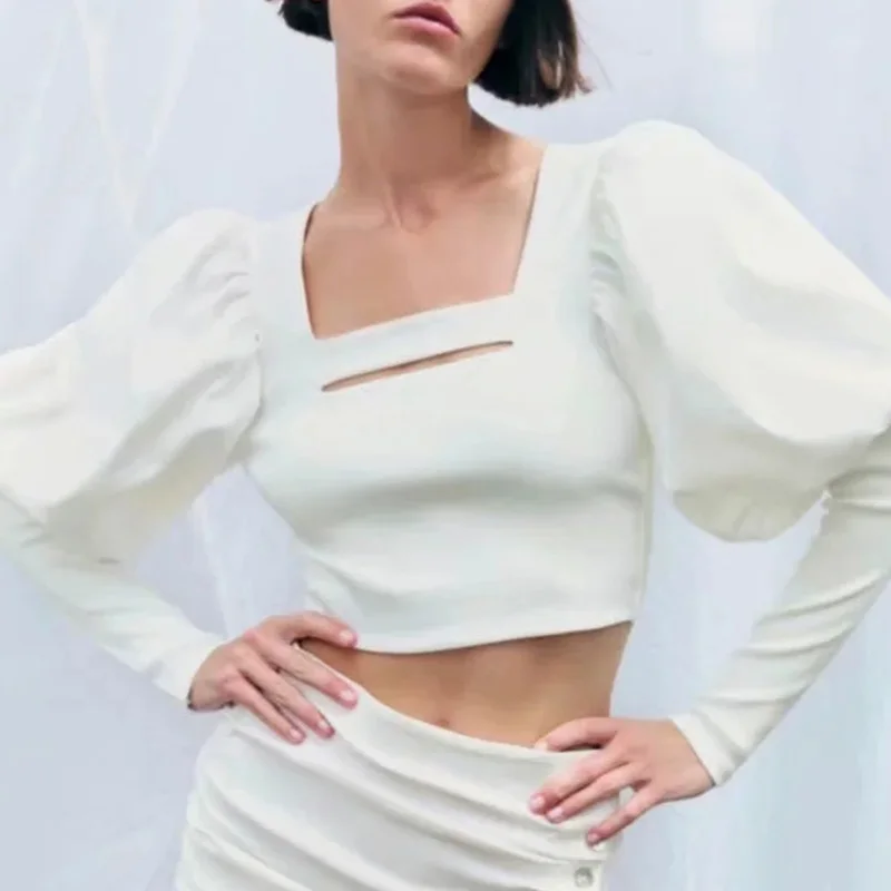

Женская блузка с вырезами Za, белый укороченный Вязаный топ с длинными рукавами-фонариками, элегантная эластичная Осенняя блузка, 2021