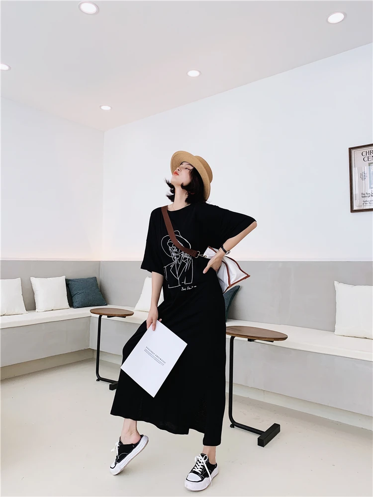 Черный Fashion Cartoon Print Plus Size Summer Dress Cotton Casual O-Neck T-shirt Batwing Sleeve Women Dress Tops Vestidos De Fiesta - Цвет: Черный