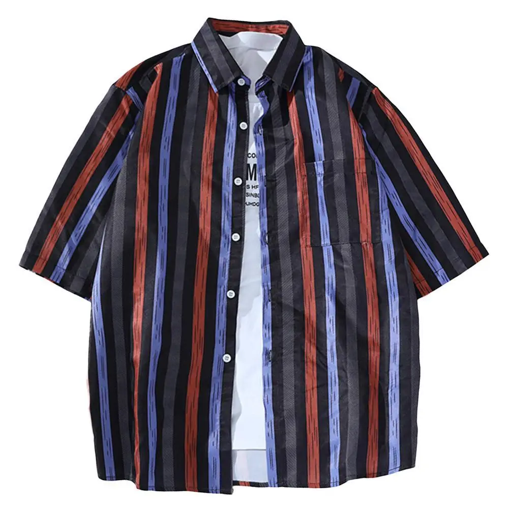 

Men's Shirt Short Sleeve Man Tee Slim T Shirt Casual Men Half Sleeve Turn Down Collar Shirt Floral Stripes Loose T-shirt Top