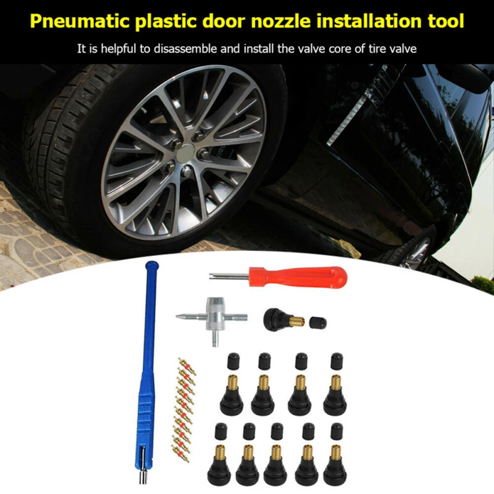 

23pcs Valve Core+TR412 Valve Stem+Core Remover+Stem Puller+4 Way Tire Repair Tool Kit Puller/Installer