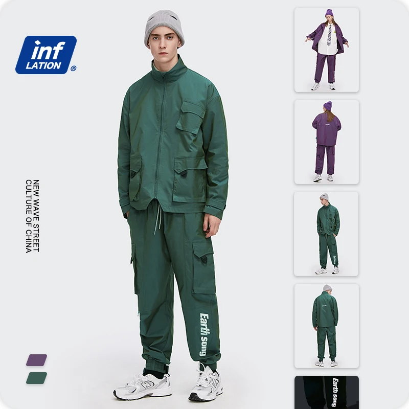 

INFLATION Windbreaker Jacket Suit Men Streetwear ужские комплекты 2020 Autumn High Street Cargo Jacket Men Hip Hop Track Pants