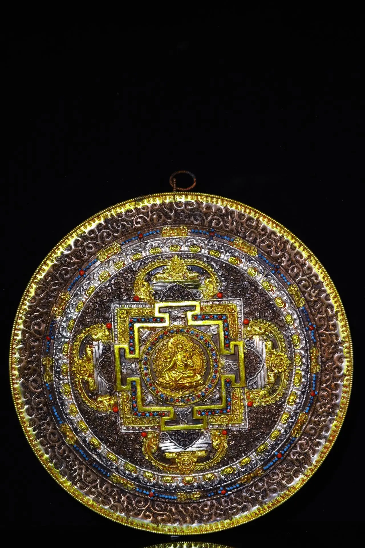 

Коллекция тибетских храмов 13 дюймов, старинная позолоченная филигранная Мозаика из фиолетовой бронзы, зеленый драгоценный камень тара Гуаньинь танка, подвесной экран, городской дом, Экзорцизм