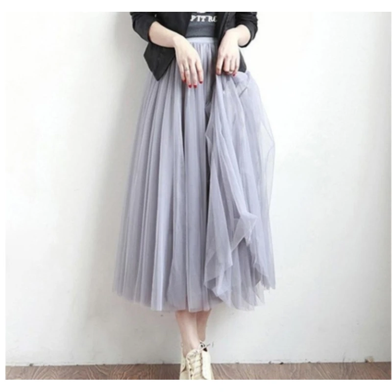 

2021 Summer Tulle Skirts Womens Midi Pleated Skirts Black Tulle Skirt Women Spring Fashion Elastic High Waist Mesh Tutu Skirts