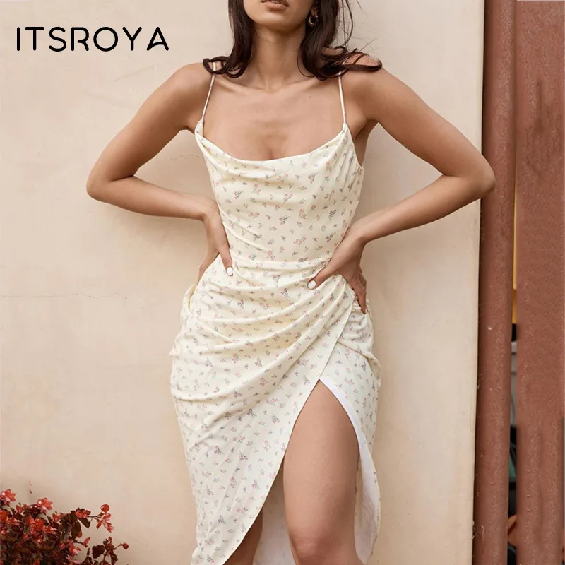 ITSROYA/летнее платье с цветочным принтом для женщин на бретельках разрезом