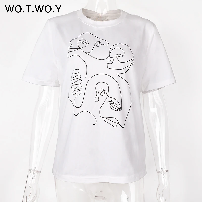 WOTWOY абстрактная летняя футболка для пары, женская футболка, повседневные топы с принтом, Женская свободная хлопковая футболка с коротким рукавом, Женская Harajuku белая