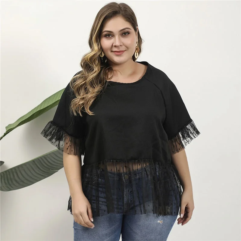 

Летняя женская элегантная блузка с искусственными кружевами, короткий топ с рукавом до локтя, черный кружевной прозрачный кроп-топ, рубашка...