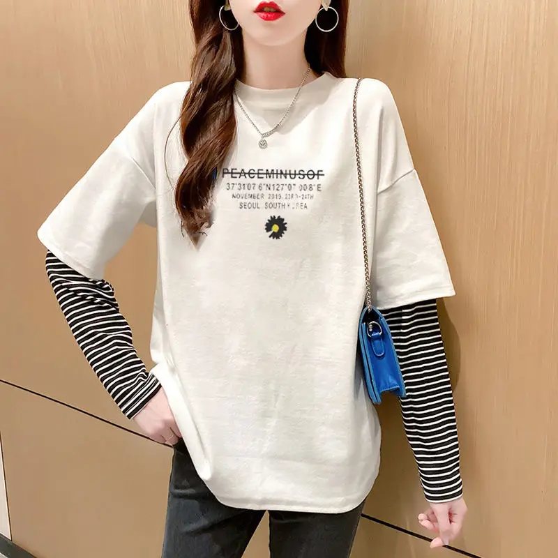 

autumn and winter long sleeve T-shirt women's fake two Korean 2020 new fashion printed thin top