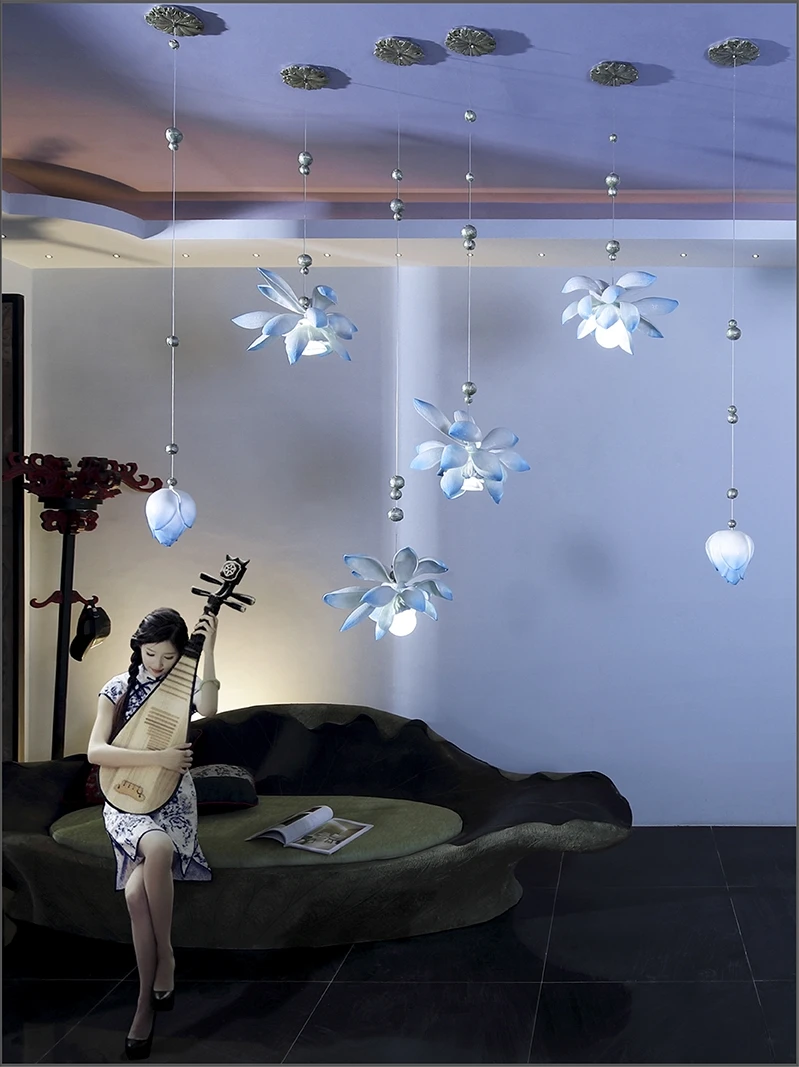 Розовая и синяя люстра в форме лотоса китайском стиле для спальни гостиной