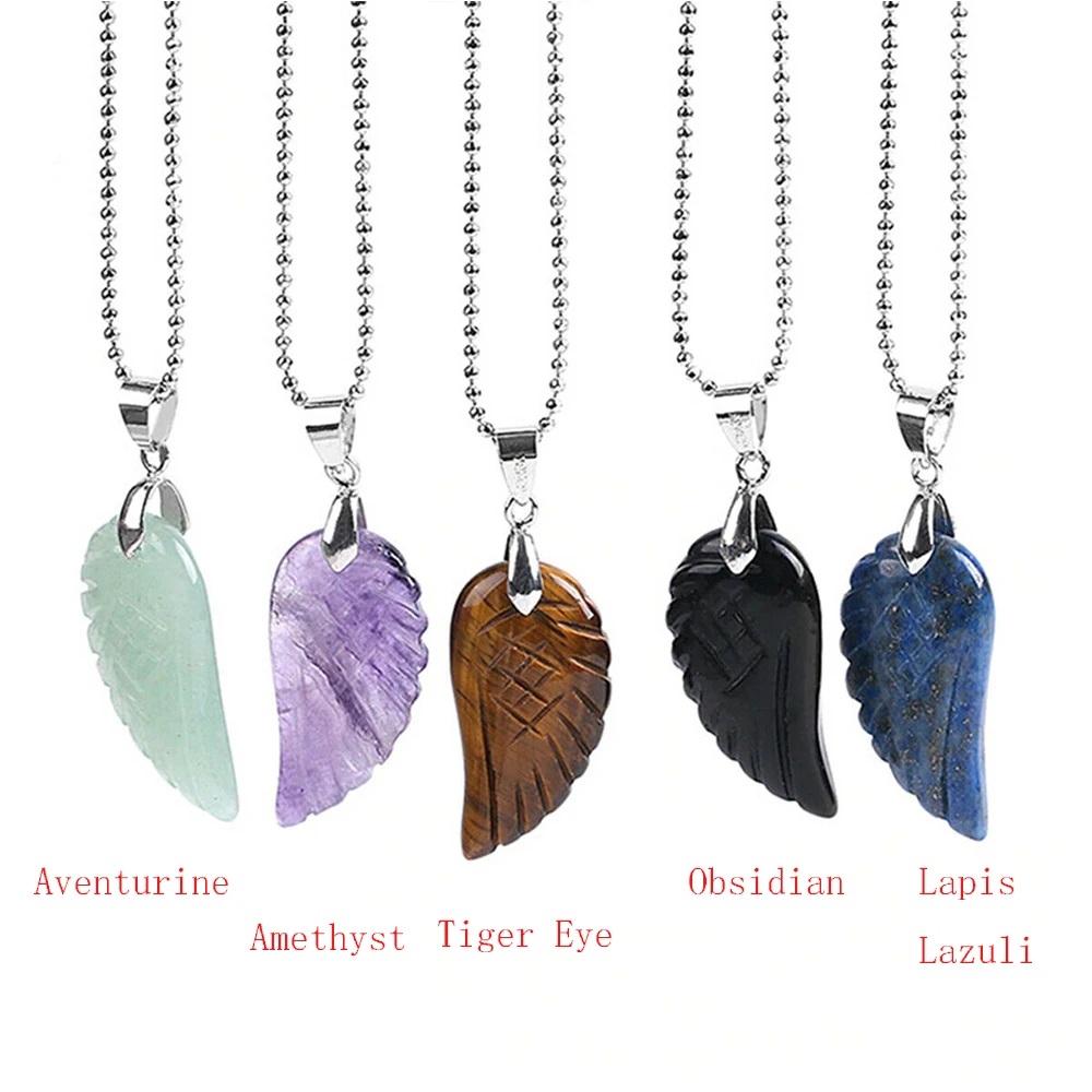 

Natural Amethyst Gemstone Necklace Angel Wing Pendant Rock Crystal Lapis Lazuli Opal Crystal Stones Jewelry Making Minerals
