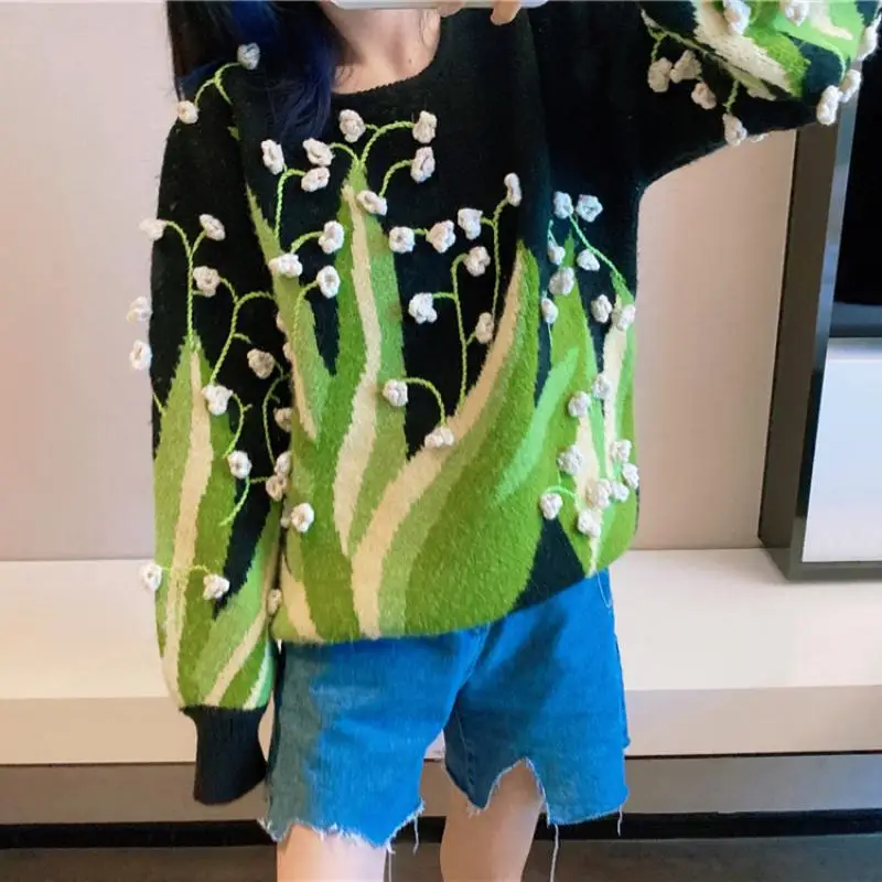 

Brand Design Christmas Women Clothes Autumn Vintage Pullover Crocheted 3D Lily of The Valley Flower Crochet Green Sweater 2021