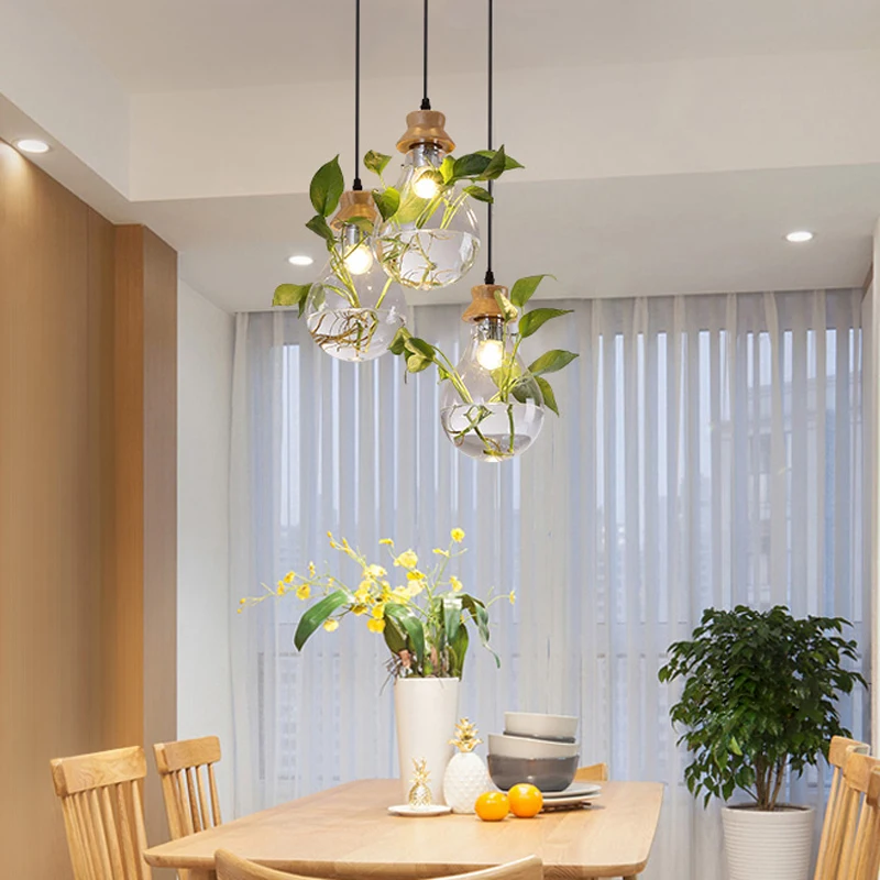 

Modern Plant Pendant Light Wood Glass Bottle Decor Restaurant Bar Cafe Living Room Study Lighting E27 Pendant Hang Lamp flowers