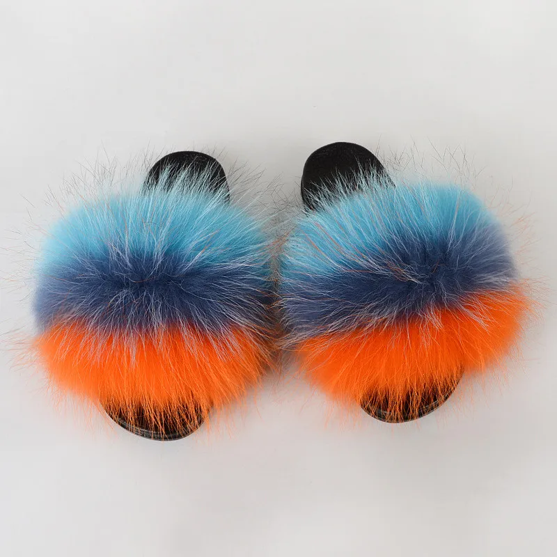 

Real Fox Fur Slippers, Plus 2021Summer Plus Size Open-Toed Slippers, Real Fluffy Casual Colored Slippers, Furry Shoes