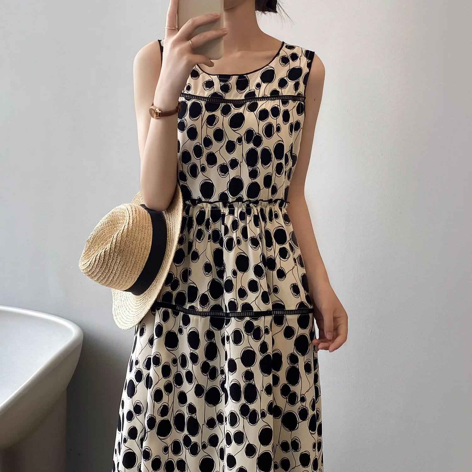 

Женское длинное шифоновое платье в горошек, винтажное платье без рукавов