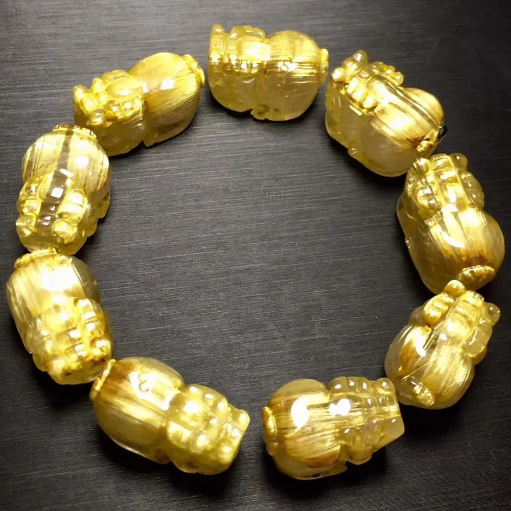 

Top Natural Brazil Gold Rutilated Titanium Bracelet For Woman Man Crystal Pi Xiu 21x14mm Beads Stretch Jewelry AAAAA Certificate