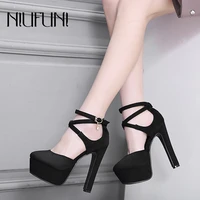 niufuni summer high heels platform women sandals suede buckle hollow sexy sandals solid color ladies shoes cross ankle straps