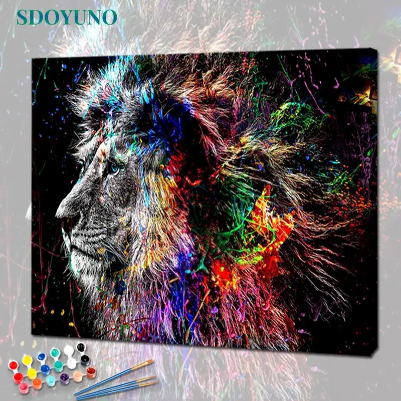 

SDOYUNO Oil Painting By Numbers For Adults Lions 60x75cm DIY Paint By Numbers On Canvas Animals Frameless Home Decor Wall Art
