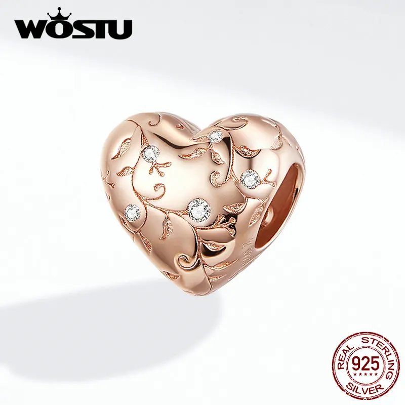 WOSTU 925 пробы Серебряный цветок Ретро узор сердце бусины Розовое Золото Шарм Подходит браслет кулон DIY Ювелирные изделия DXC1323-C