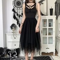 2021 dark academia vintage high waist midi dresses summer aesthetic mesh black corset dress punk goth sexy hollow out backless