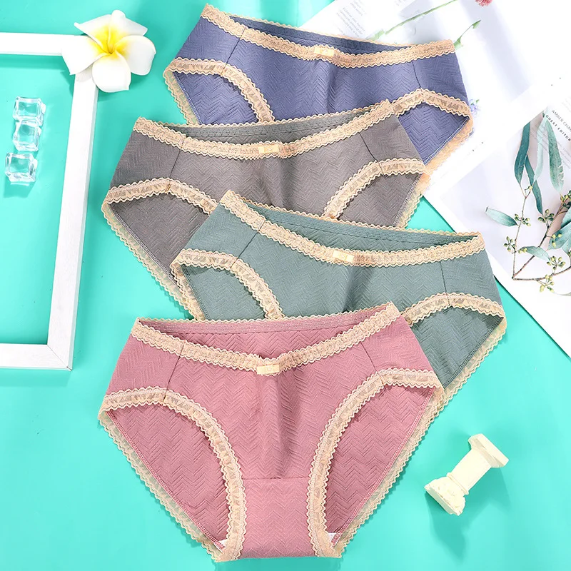 

M~2XL Mid Waist Lace Panties Cotton Underwear Antibacterial Briefs Womens Lingerie Breathable Summer Underpants Female Intimates