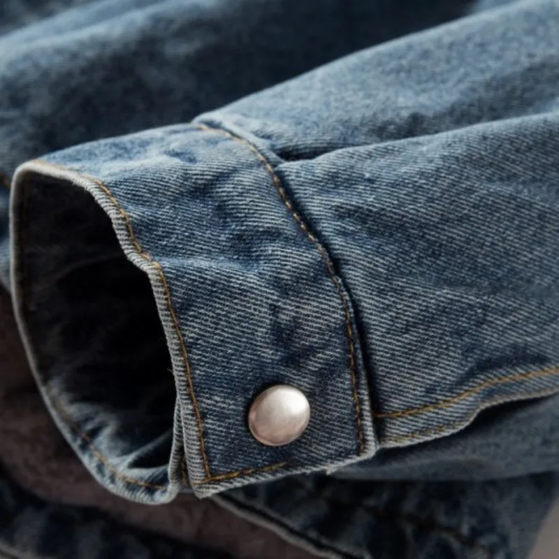 

Winter Fox Fur Collar Rabbit Fur Inner Denim Coat Female Casual Loose Fit Thicken Warm Hooded Outwear Blue Black Streetwear