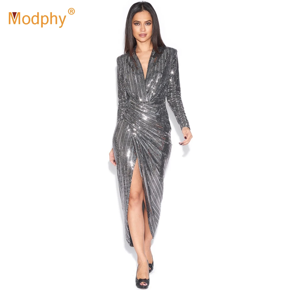 

2019 Autumn New Women's Evening Long Dress Sexy Long Sleeve Sequins Bodycon Dress Celebrity Runway Party Dress Vestidos