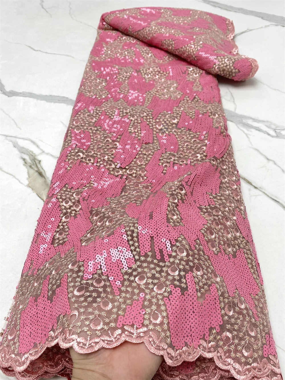 

African Lace Fabric High Quality French Tulle Lace Fabric Pink Sequins Appliqued Nigerian Net Lace For Wedding Dress 4607B