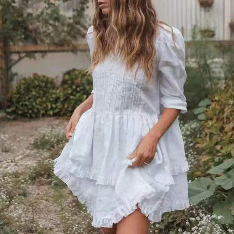 

Winter 2020 New Fashion Round Neck Bubble Sleeve Solid Color Ruffle Stitching Irregular Short Dress Women Aa60