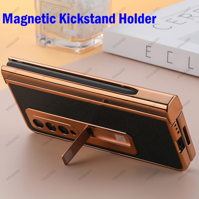 4 in 1 plating dual hinge leather case for samsung galaxy z fold 3 5g hinge case with s pen slot holder front screen glass film free global shipping