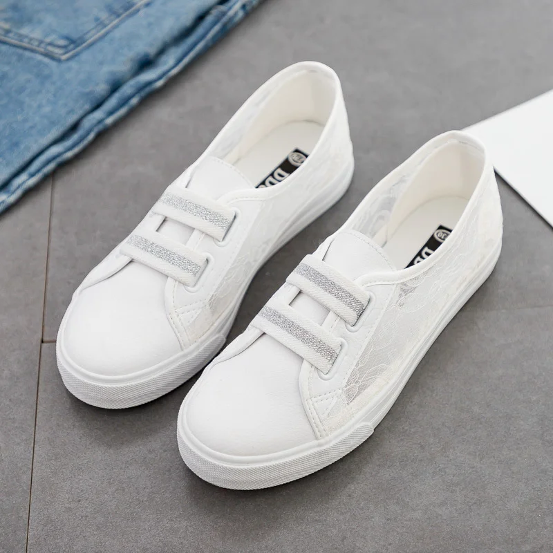 

Women Casual Shoes 2020 Summer Hollow Out Lace Sneakers Slip on White Shoes for Girls 35-40 Flat Heel Breathable Flats Spring