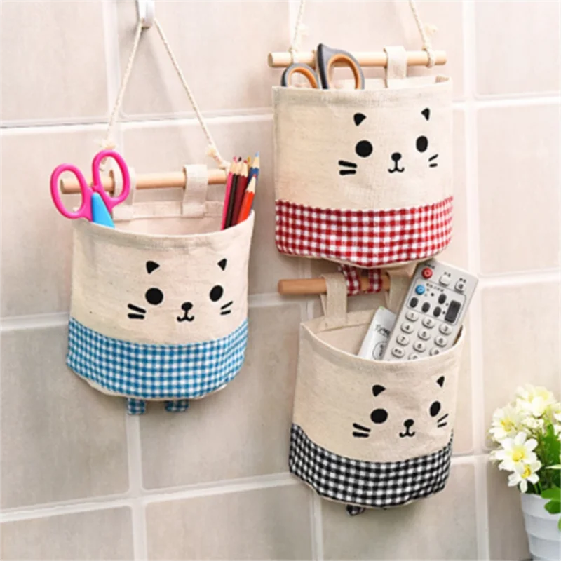 

Home Kitchen Door Wall Hanging Organizer Pocket Bag Home Sundries Storage Holder Cartoon Cat Decor Cotton And Linen Bag