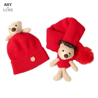 2pcs baby hat scarf set with pompom child beanies cap cute bear kids knitted boys girls winter warm childrens caps toddler hats