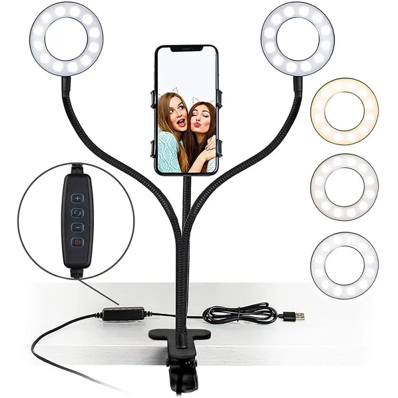 

360 Rotate LED Selfie Ring Light USB 3 Color Video Ringlight Photography Fill Light With Phone Holder For Makeup Live Stream HWC