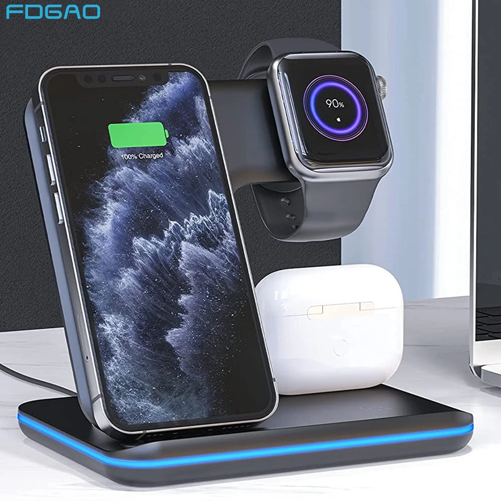 

3 In 1 Fast Charging Stand 15W Wireless Charger for Apple Watch 7 6 Airpods Pro For iPhone 14 13 12 11 XS XR X 8 Samsung S22 S21