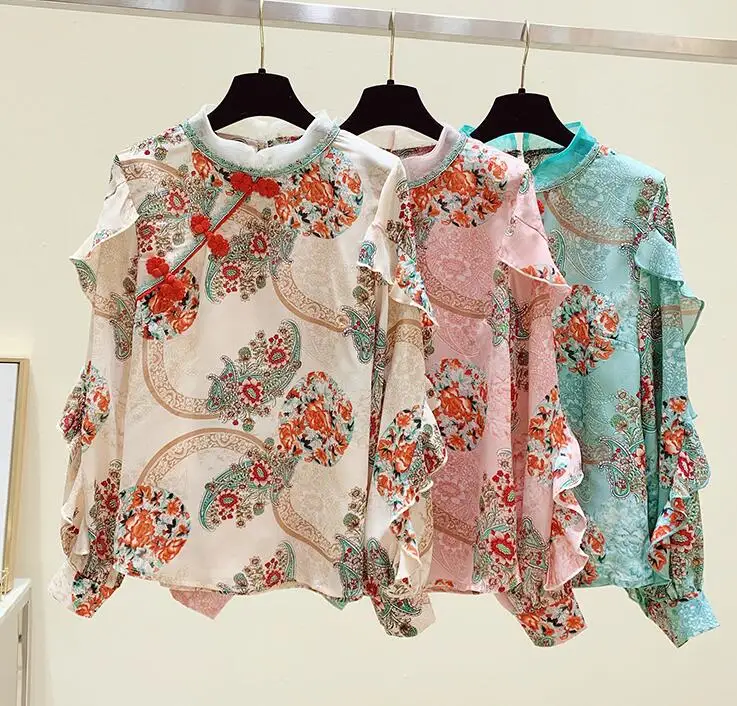 

2021 Spring Autumn New Vintage Plate Buttons Ruffled Chiffon Shirt Women's Floral Shirt Long Sleeve Blusa Mujer