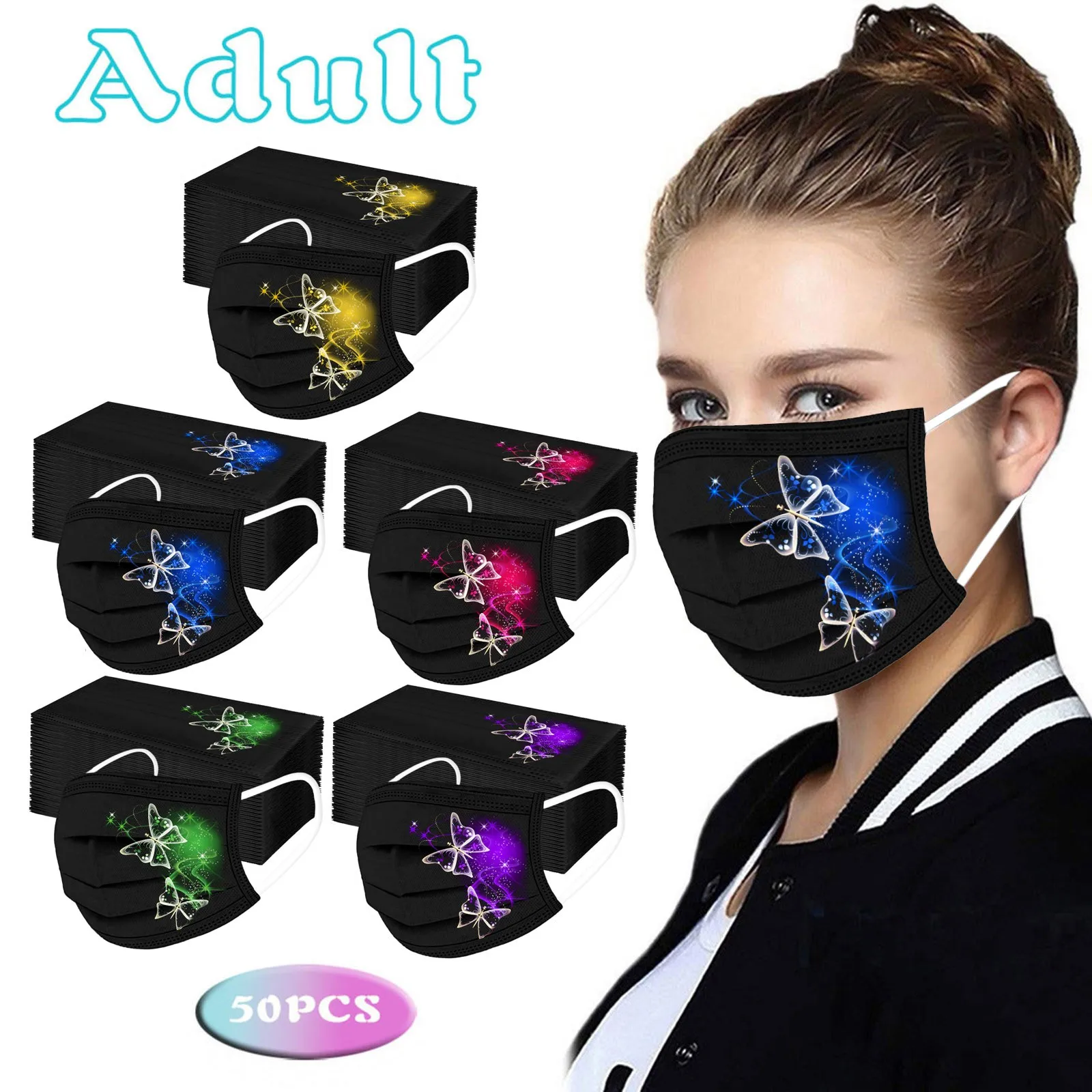 

50pc Disposable Adults Butterfly Print Mask Protective Face Masks Mouth Cover Mascherine Mascarillas Halloween Cosplay Masque