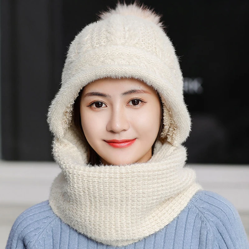 HT2686 шапка из кроличьего меха женская зимняя шапка, шарф, набор женских меховых помпонов шапка-ушанка ветрозащитная вязаная шапка с шарфом зимний аксессуар