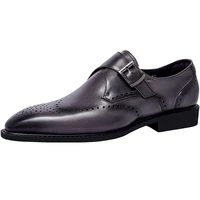 men business oxford shoes grey genuine leather brogue slip on male dress shoes buckle career