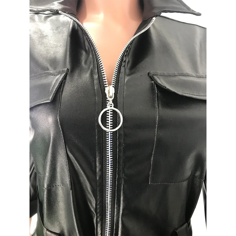Женский кожаный комбинезон на молнии модный черный с молнией модель 2020 года #30 |