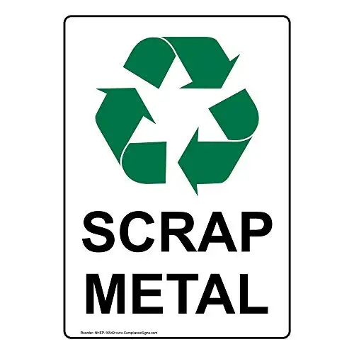 

Vertical Scrap Metal Safety Sign, White 14x10 in. Aluminum for Recycling/Trash/Conserve by ComplianceSigns