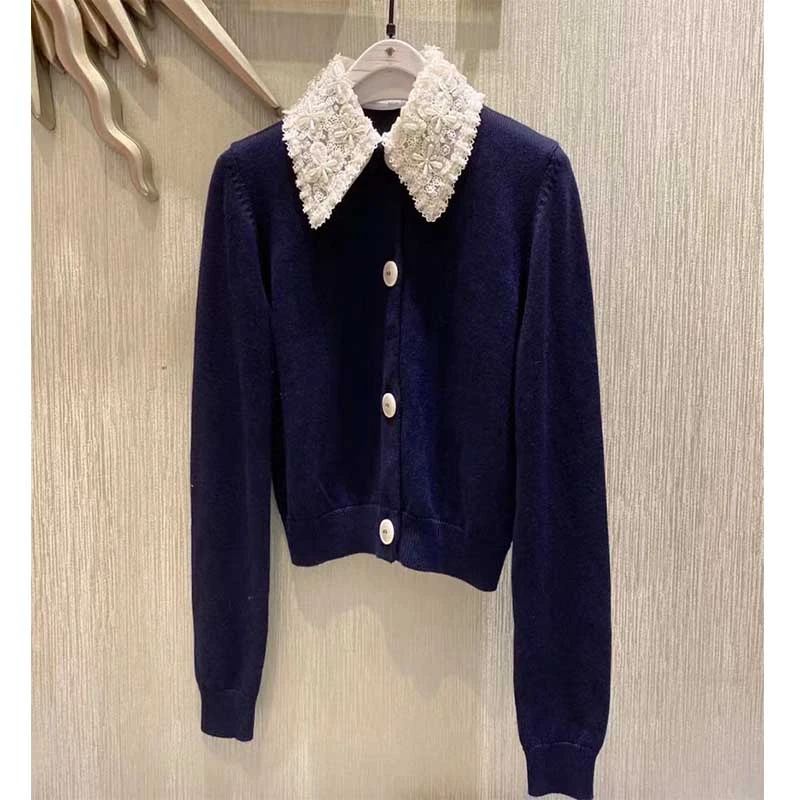 

2021 Autumn Winter Wool Cardigan Turn-down Embroidery Collar With Pearl Short Top Jacket Vintage Warm Sweater