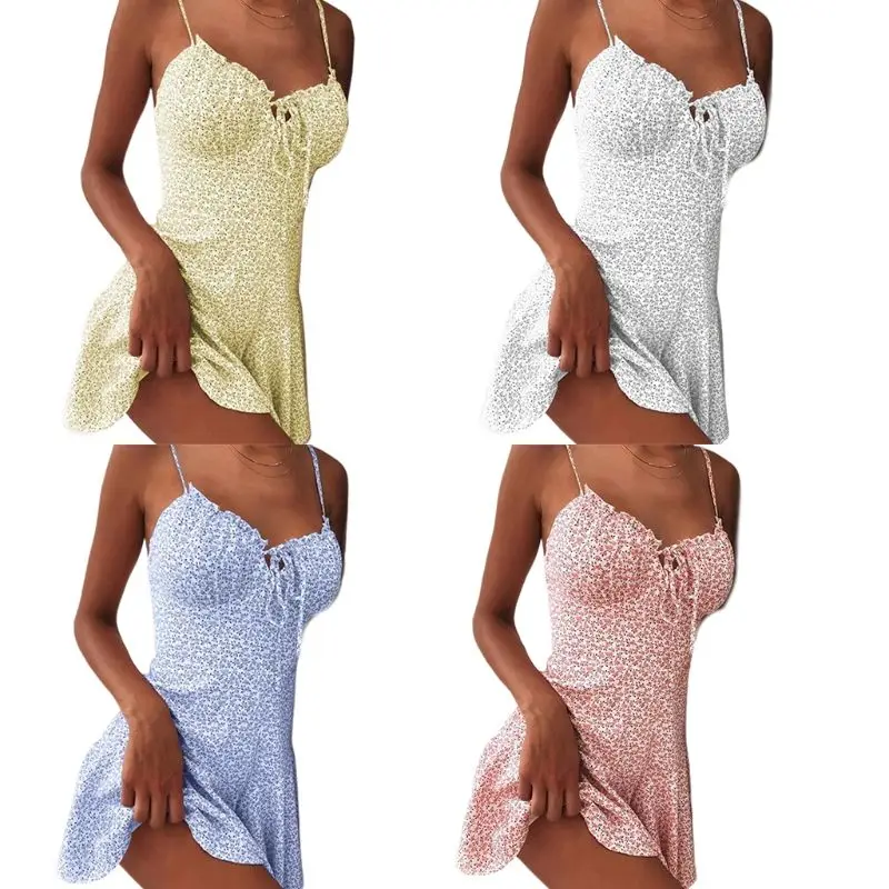 Women Summer Spaghetti Strap Flowy Mini Sling Dress Boho Floral Printed Lace-Up Ruffles Sexy V-Neck Beach Sundress Vestido | Женская